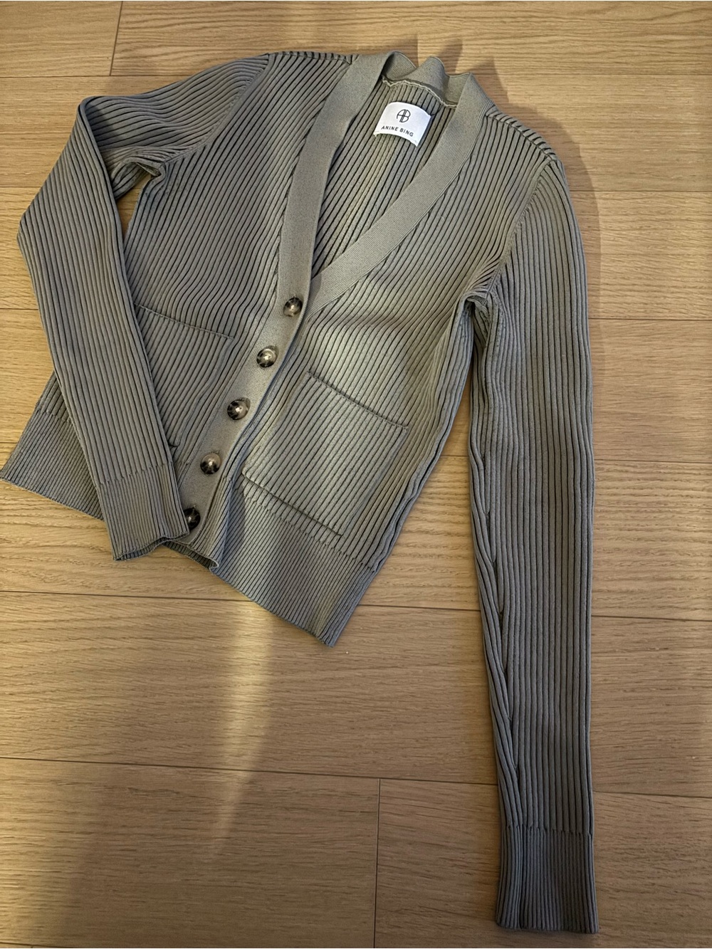 Anine Bing Ribbed V-Neck Cardigan Jacket in Olive